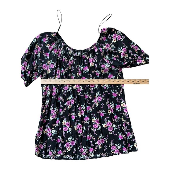 Bobeau Blouse Top Women's Size L Black Floral Off The Shoulder Neck Long Sleeve - Picture 4 of 5